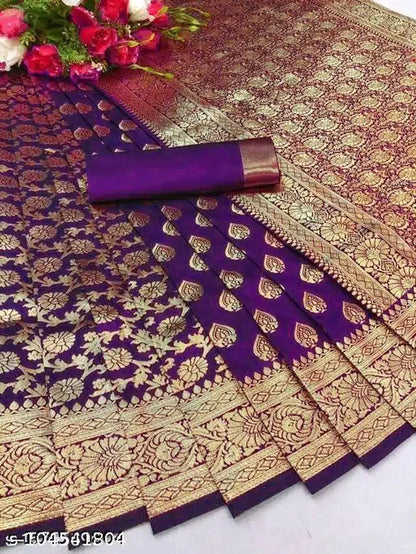 Banarasi Silk Saree With Blouse For Women (Purple, 6.3M)